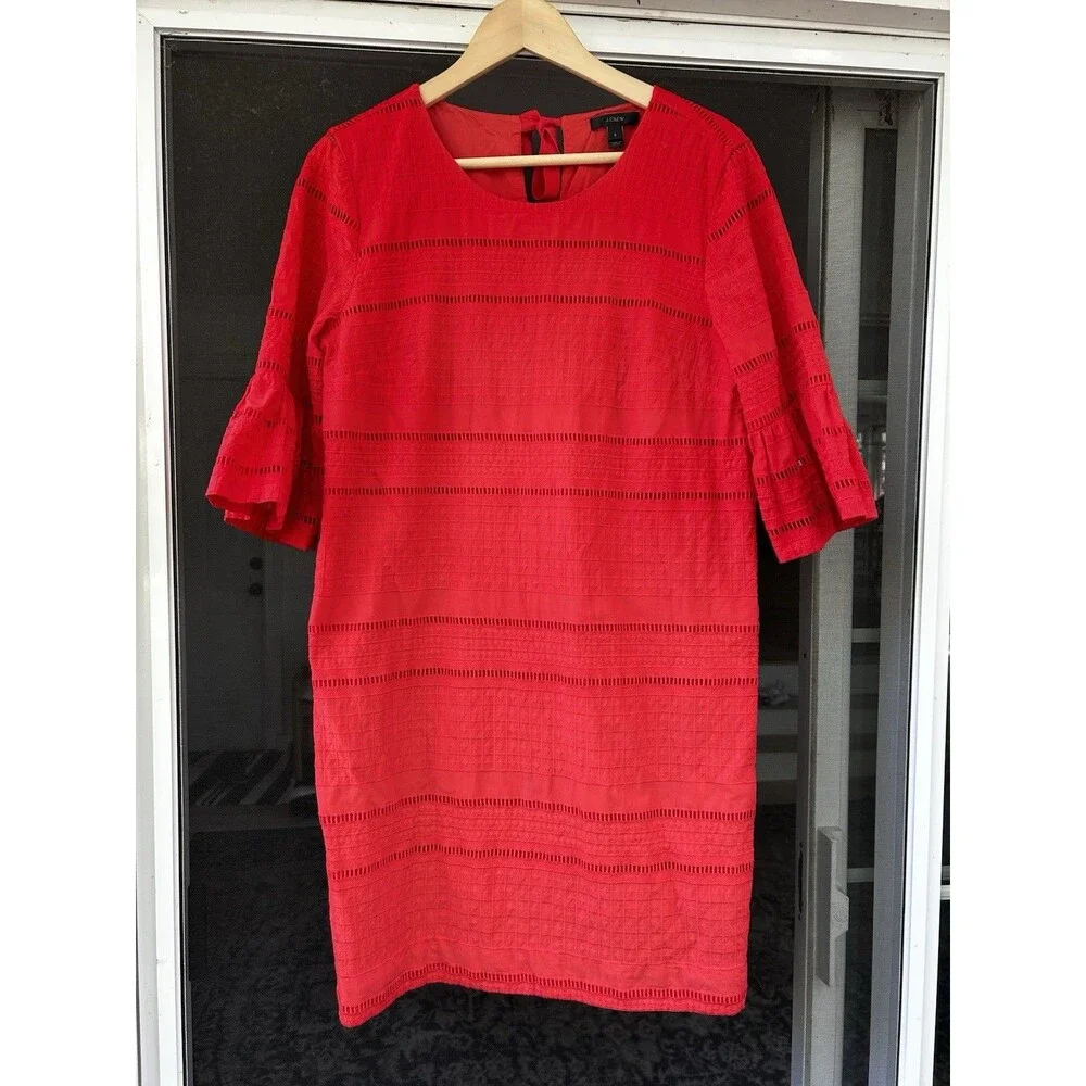 J.Crew Eyelet Flutter Sleeve Cotton Shift Dress Size 8 Coral Orange Preppy Party